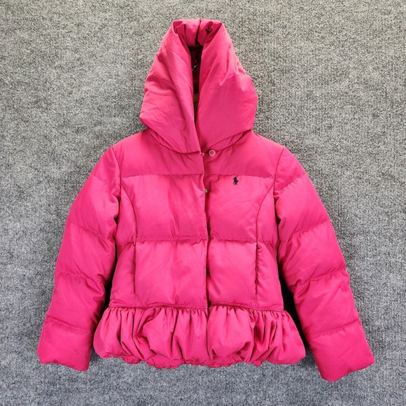 Ralph Lauren Jacket Girls Medium Pink Down Puffer Hooded Ruffle Hem Coat